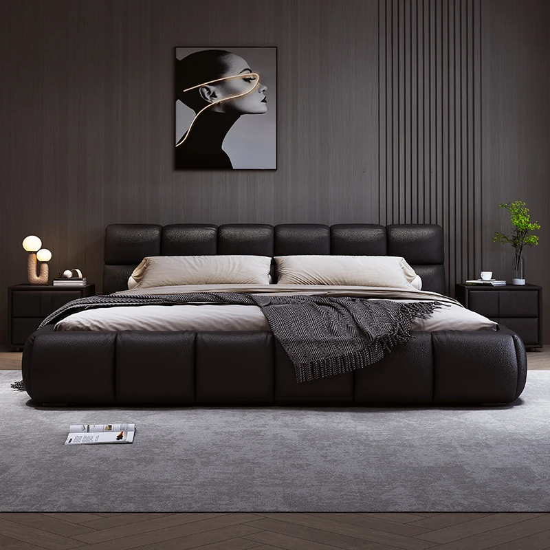 Italian minimalist first-layer cowhide puff leather bed Modern minimalist 2 villa queen bed Master bedroom double bed