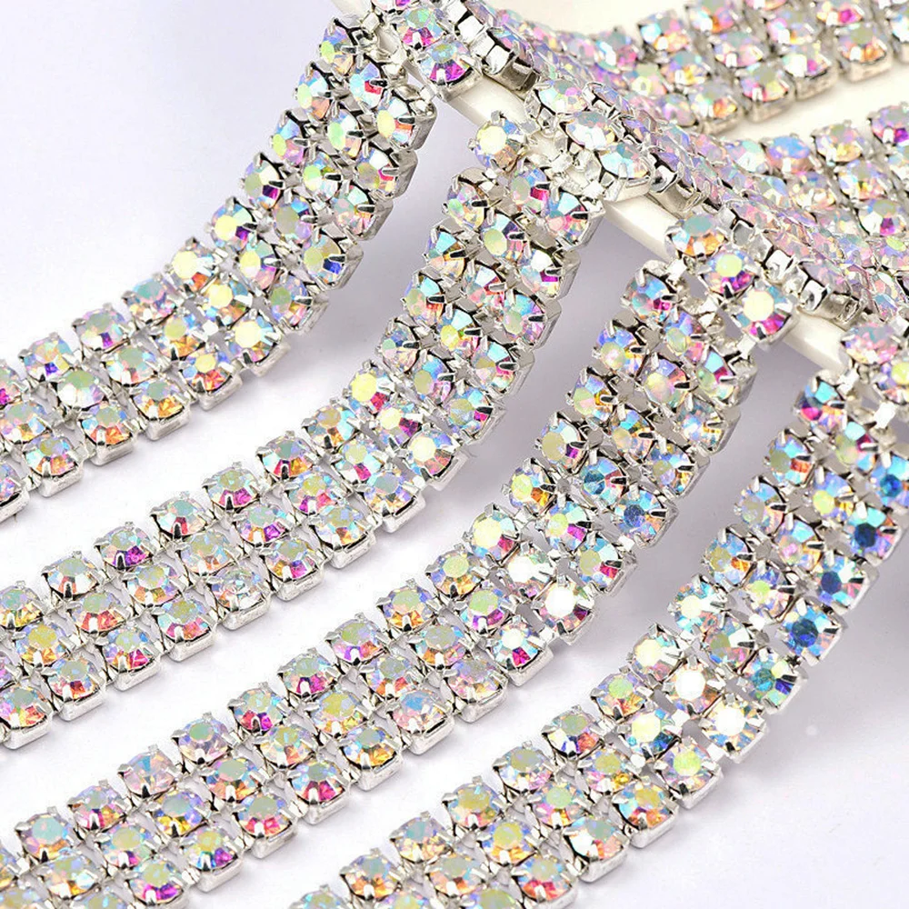 

1 Yard-5 Yards Rhinestones Chain Flatback 3 Rows dense Claw Cup Chain Crystals Stones Sew On Rhinestones Chain Garment Crafts