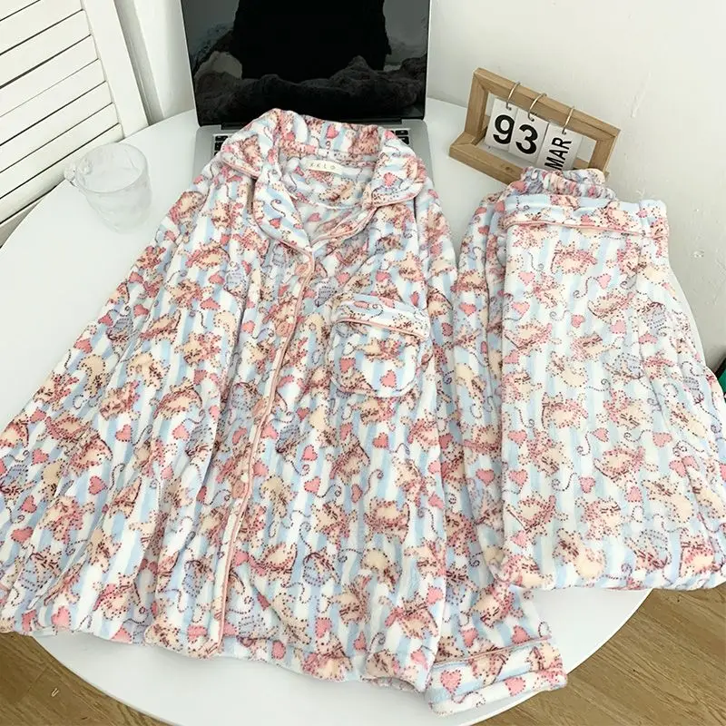 

Winter Soft Flannel Women's Sleepwear Set Cute Cartoon Cat Plush Pajamas Comfortable Loose Thick Home Clothes Set