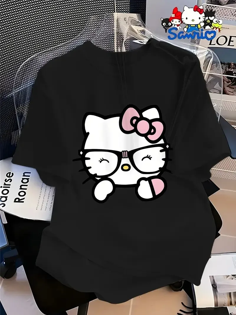 

Хлопковая футболка с рисунком Hello Kitty в очках Sweet and Nerdy Style Модная брендовая футболка из чистого хлопка с принтом и коротким рукавом