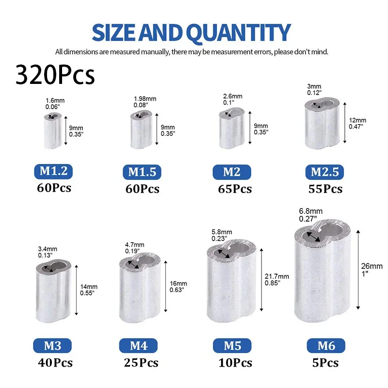 320Pcs Aluminum Crimping Loop Sleeve Cable Ferrule Assortment Kit 8 Sizes for Wire Rope M1.2/M1.5/M2/M2.5/M3/M4/M5/M6