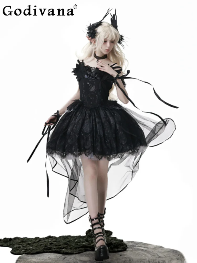 

Lolita Gothic Slash Neck Irregular Suspender Dresses Summer New Girl Versatile Age-reducing High Waist Dark Princess Dress