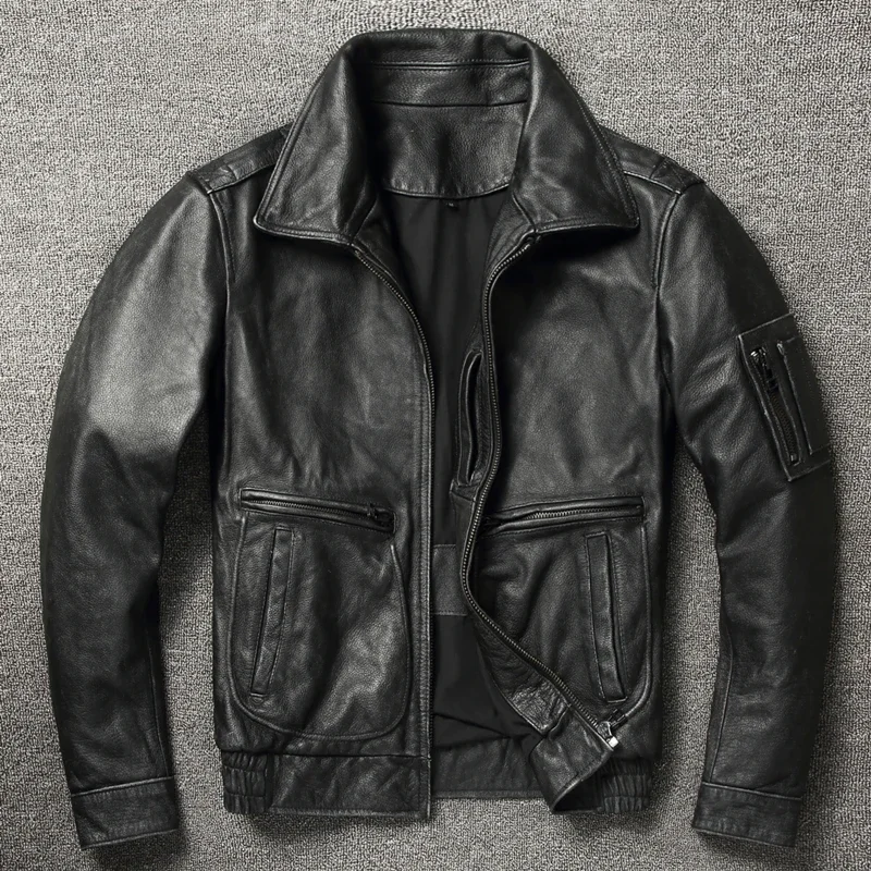 100% Cowhide Genuine Leather Coat  for Men style of  Moto & Biker Vintage  Slim  Male Natural Fashion lapel Leather Jacket