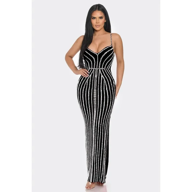 GUWU 2024 Fall Diamonds Hot Rhinestones Women Strap V Neck Bodycon Long Dress Sexy Club Birthday Party Evening Prom Maxi Dresses