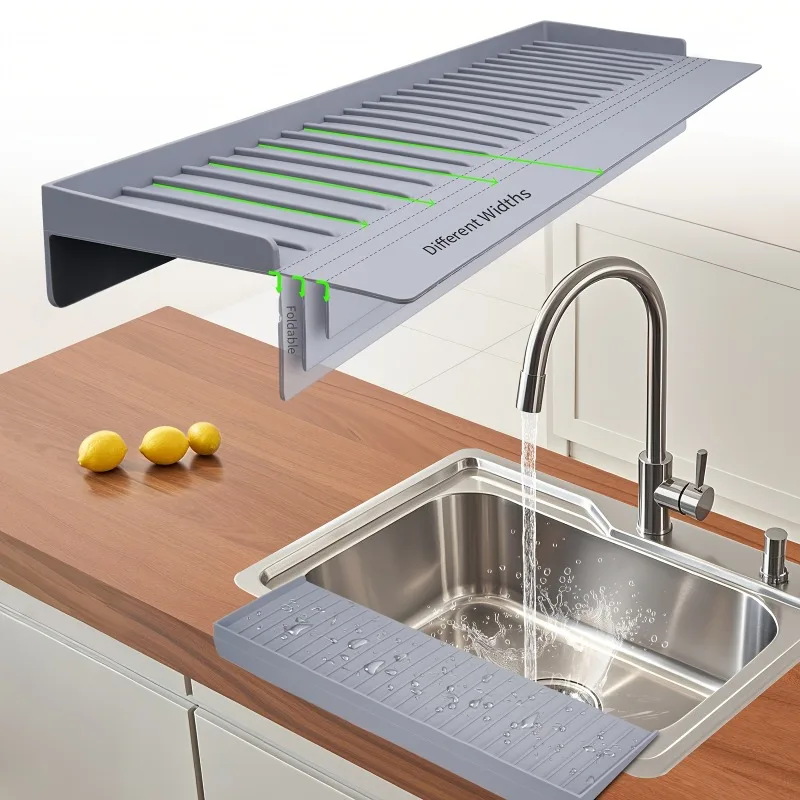 1pcs Multi Groove Silicone Water Drying Mat Slope Design Soft Sink Pad Bathroom Vanity Anti Pooling Quick Drain Storage Mat