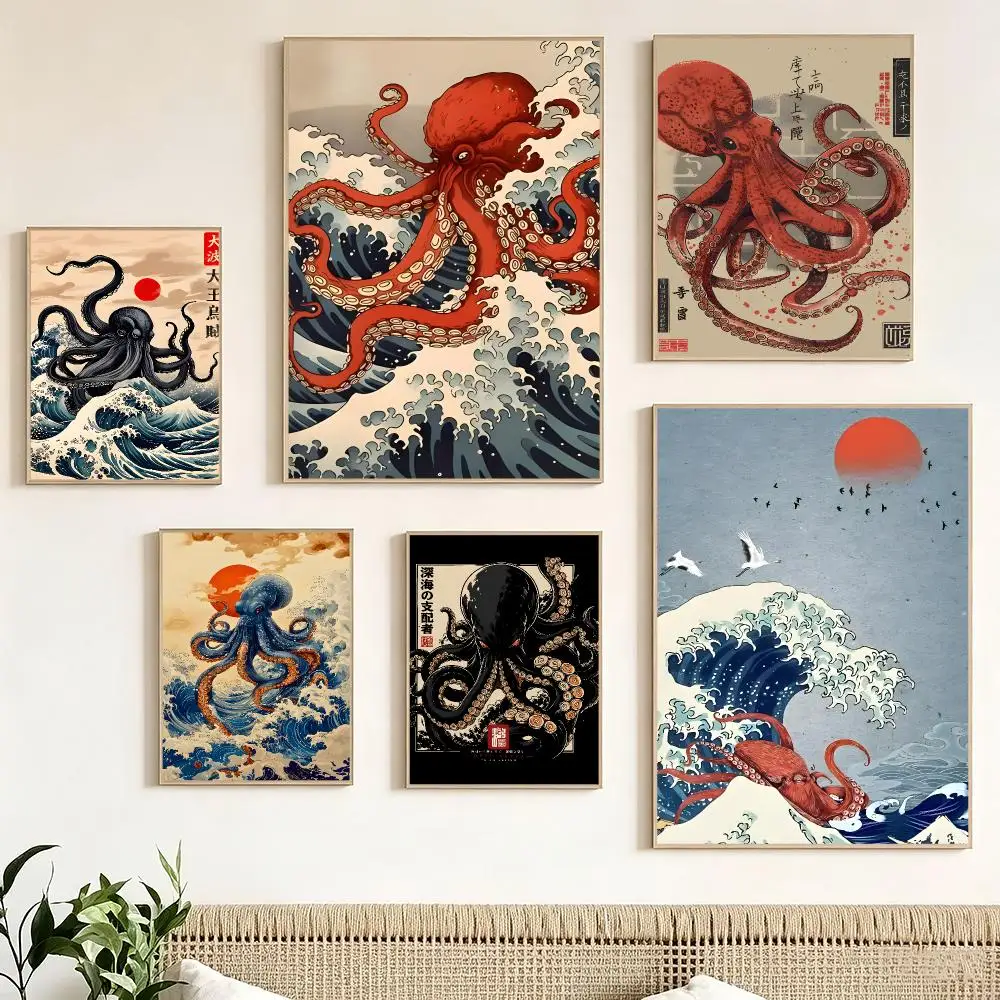 Japanese Art Style Ukiyo e Octopus Poster impermeable para el hogar sala de estar dormitorio bar decoracion estetica