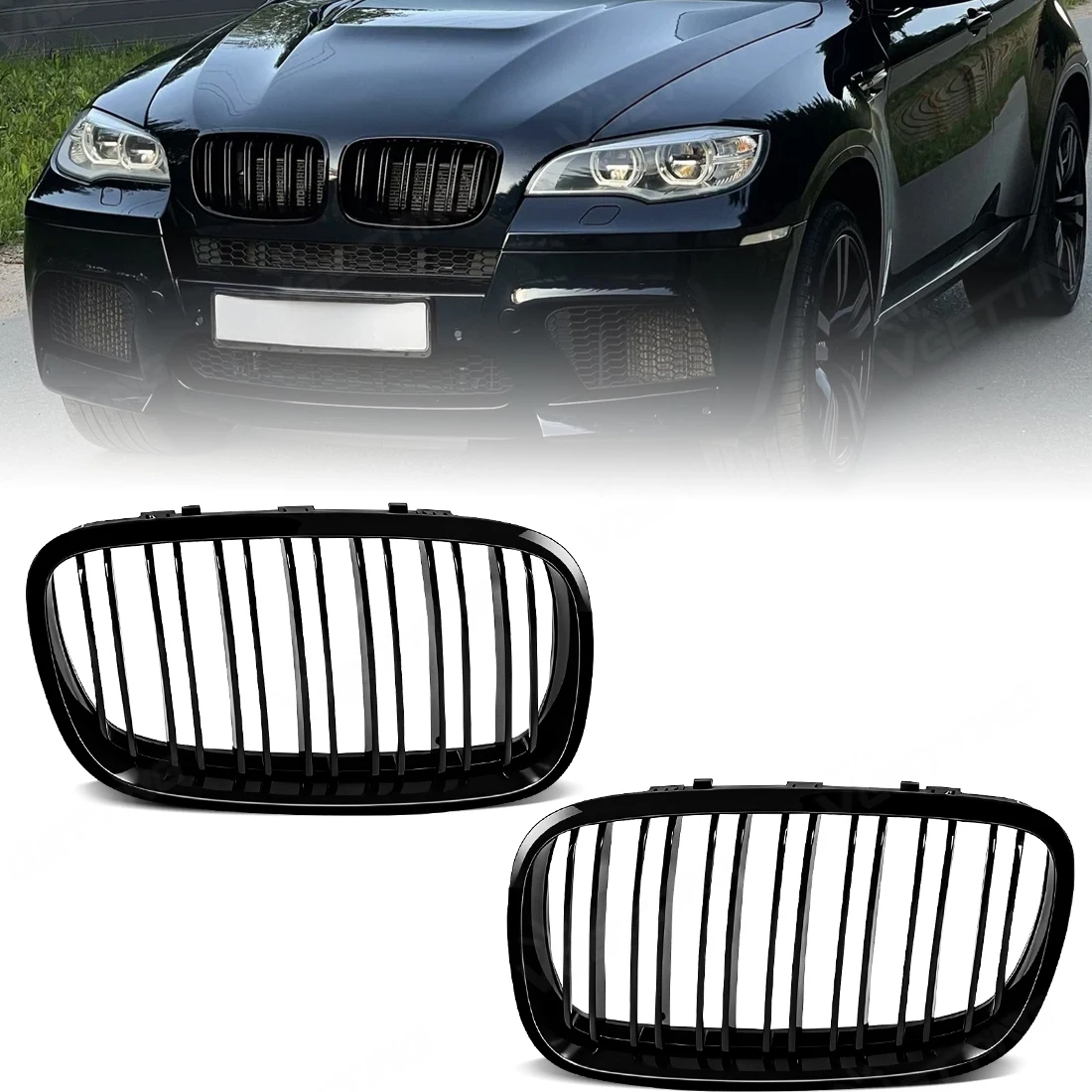 

1 пара передних решеток для BMW X5/X6 E70 E71 2008-2014, черные решетки-«ноздри» из карбона, замена решеток переднего бампера