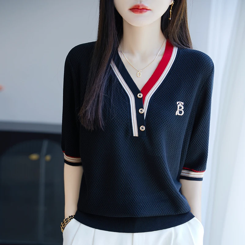 

Summer Women 100% Lyocell T-shirt V-neck Half Sleeve Honeycomb Color Blocking Pullover Knit Tees Casual Bottoming Wear Tops