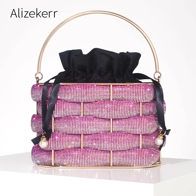 Alizekerr Tecido Rhinestone Clutch Bags para Mulheres, Graduado Multicolor Cristal, Oco Out Metal Bolsas, Boutique Bolsas De Casamento