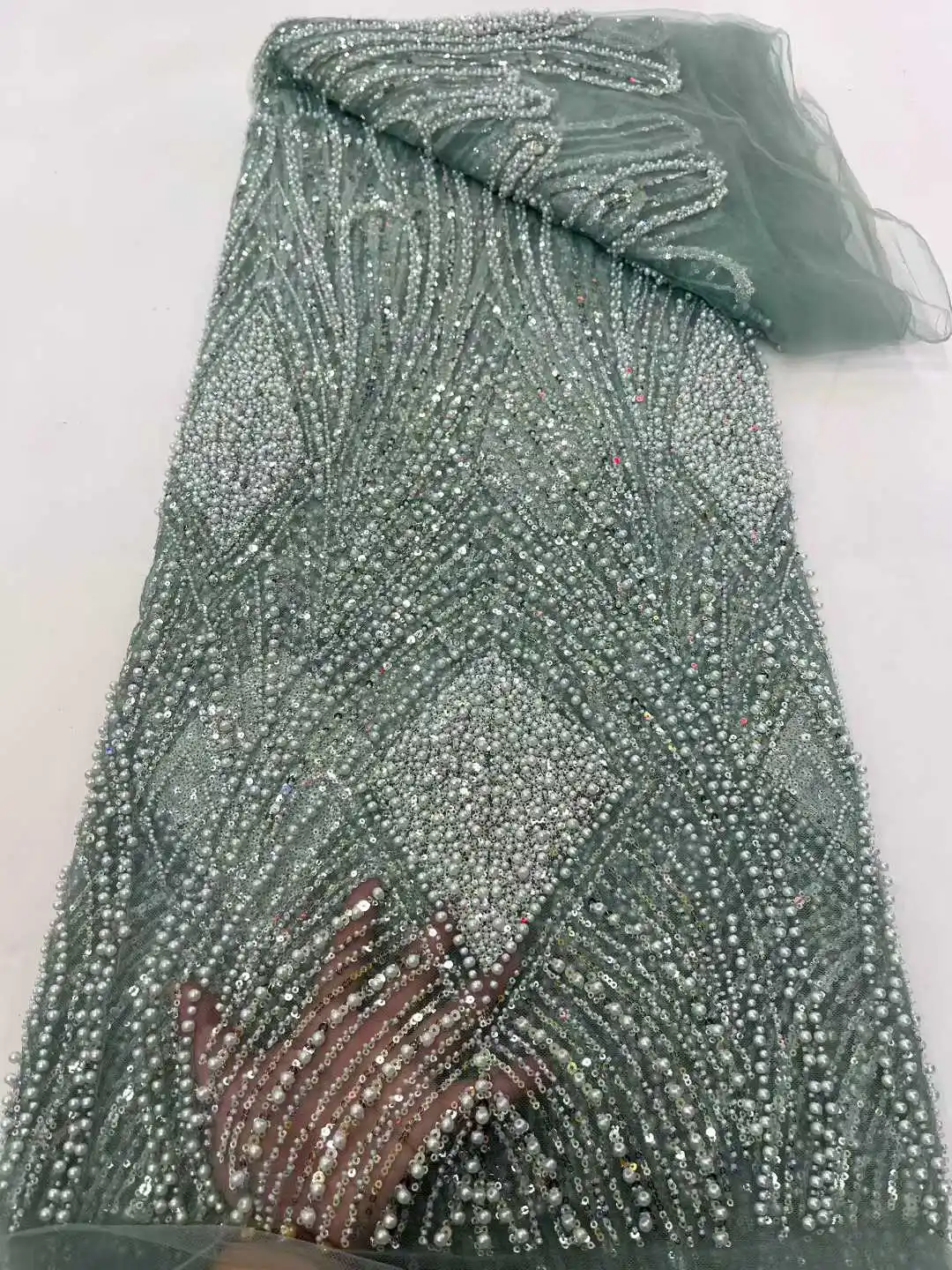 African Sequins Lace Fabric High Quality French Nigerian Groom Lace Mesh Fabrics Beads For Sewing Dress Wedding Party.