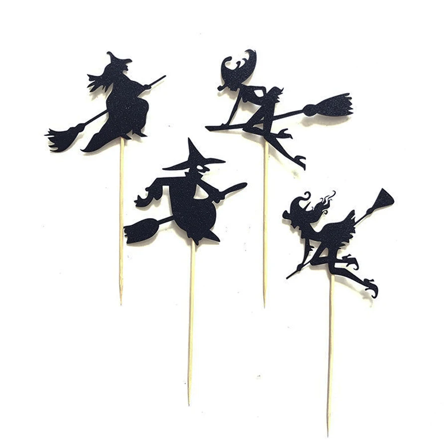 4 Stück Cupcake-Topper mit Hexenmotiv für Halloween, inklusive Tortenstäbchen zur Dekoration und als Gastgeschenke für Partys. – Detail 7