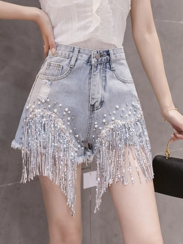 

Denim Shorts Women's Summer 2026 New High Waist Loose and Thin Heavy Industry Diamond Fringed Wide Leg Hot Pants Tide