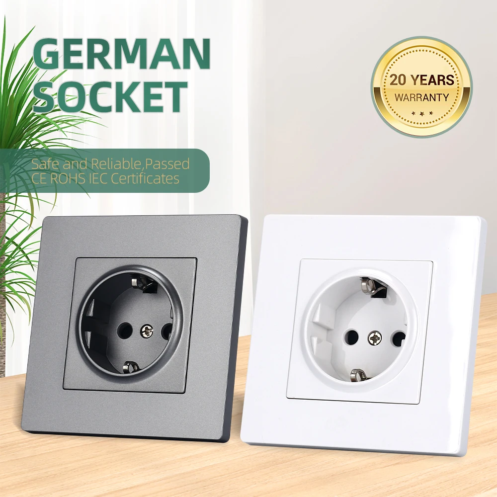 Eu standard wall socket 86*86mm German socket white black grey gold 220V 16A  PC panel CE Rohs authentication schuko socket