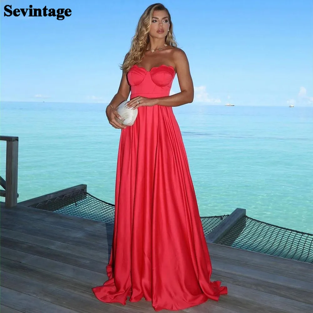 

Sevintage Elegant Prom Dress A-Line Strapless Sleeveless Ruched Floor Length Simple Women Evening Dress Formal Occasion Dress