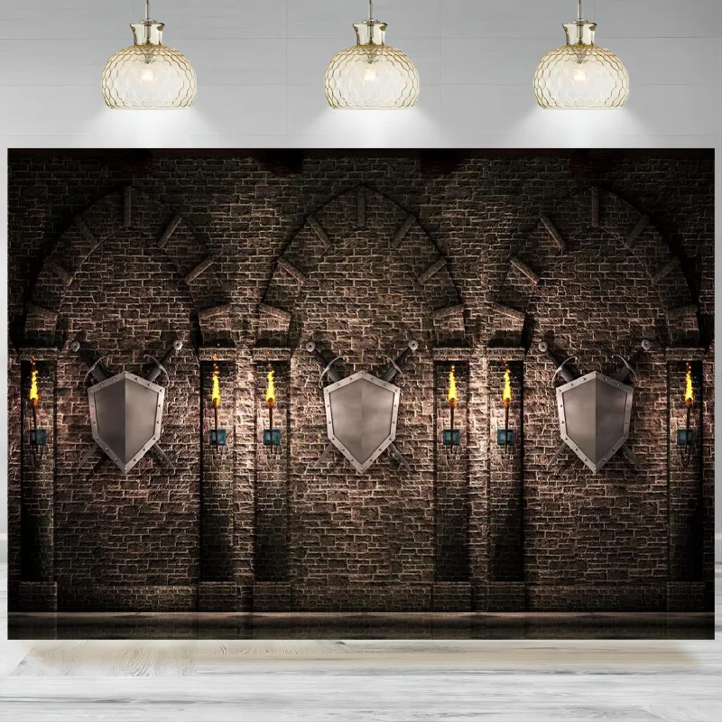 Gothic Backdrop Medieval Castle Brick Stone Wall Arches Sword Shield Torches Prison Dungeon Background Photographic Party Banne