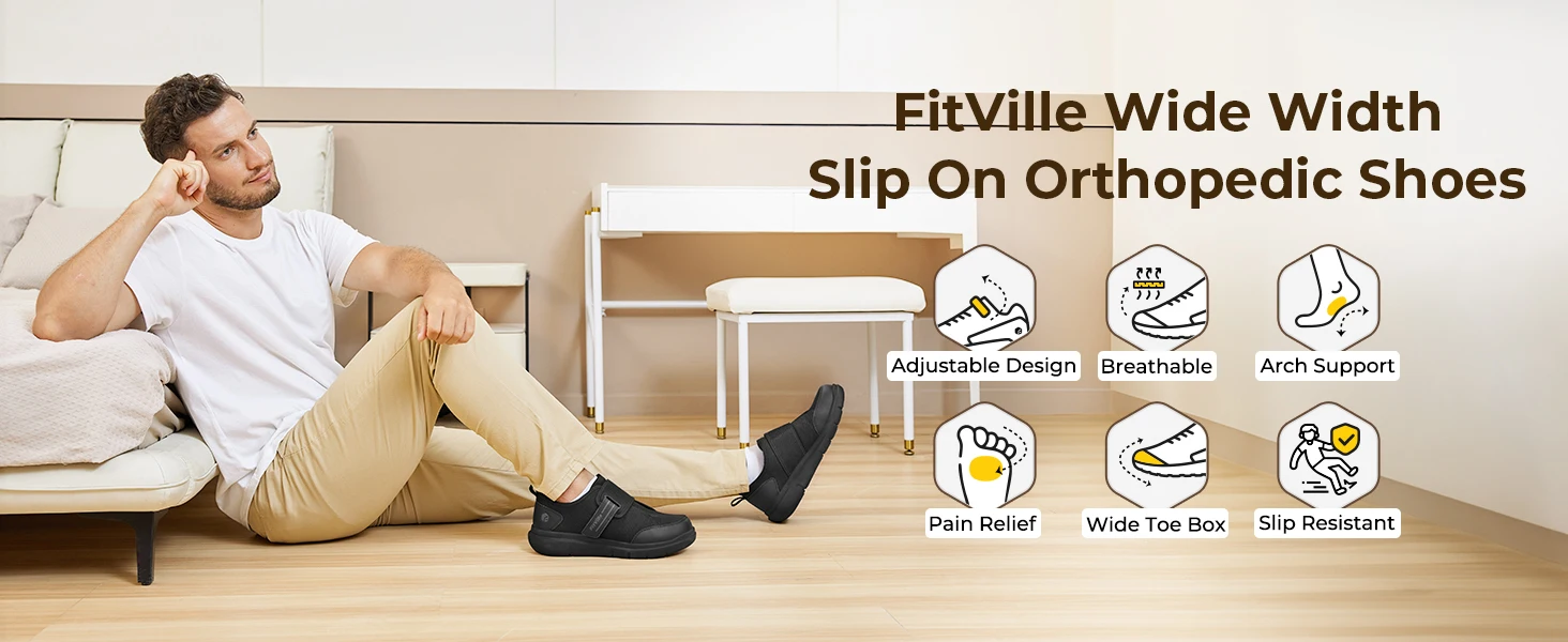 FitVille Diabetic Shoes for Men Extra Wide, Hook and Loop Walking Shoes for Elderly for Swollen Feet Foot Pain Relief Neuropathy