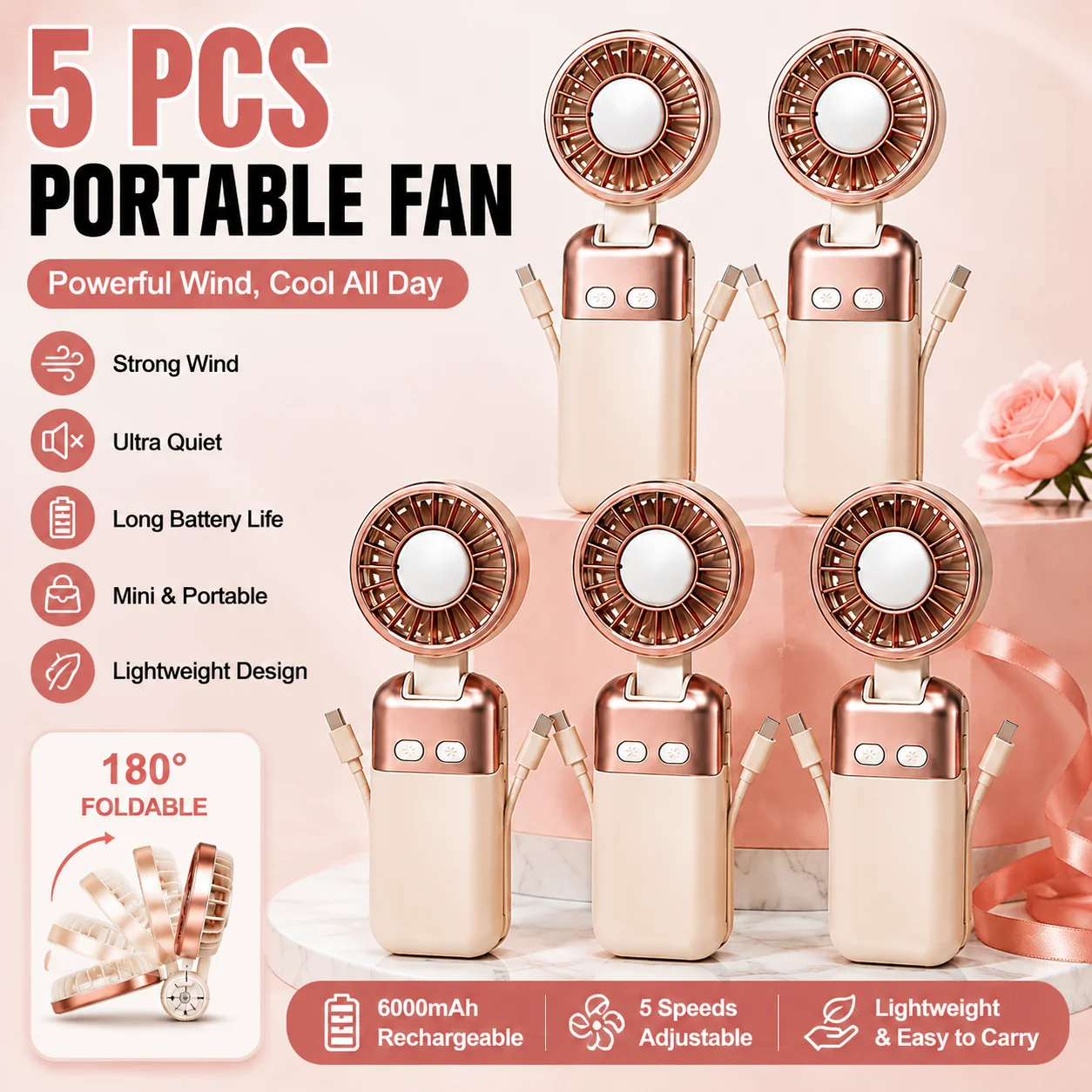 MelyBaoB Factory Wholesale 5pcs 6000mAh Ice Cooling Fan Handheld Mini  Portable Rechargeable fan with Power Bank & Phone Holder