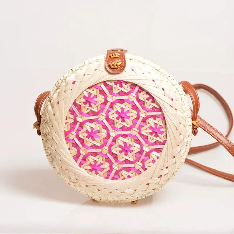 Pink Star Pattern Handwoven Round Bamboo Crossbody Bag Mini Hard Shell Boho Straw Shoulder Purse for Women Summer Beach Vacation
