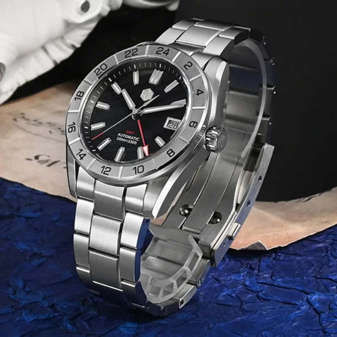 San Martin Men Automatic Watch 42mm GMT Mechanical Wristwatch 10Bar Waterproof Luminous Sapphire Mirror NH34 MOP Dial