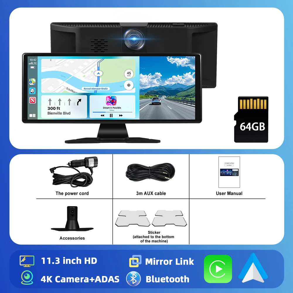 Podofo 11.3 "Android Auto Autoradio Stereo Smart Player Carplay Scherm Met ADAS 4K Foward Camera Ondersteunt AirPlay Android Cast
