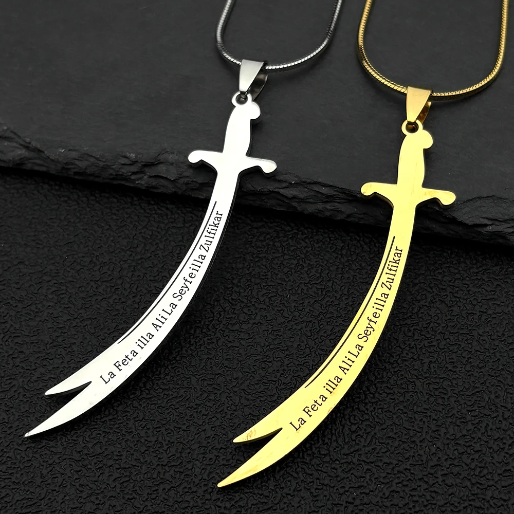 

Arabic Ali Zulfiqar Sword Pendant Necklace for Women Men Stainless Steel Allah Muslim Islamic Inscriptions Quran Chain Jewelry