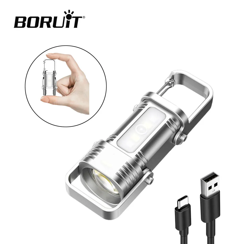BORUiT Portable Rechargeable Flashlight Waterproof LED Keychain Flashlights Camping Fishing MIniTorch Light for Outdoor Camping