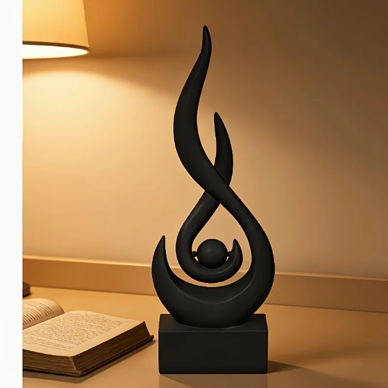 Black Abstract Resin Sculpture Twisted Flowing Curve Art Statue with Square Base Modern Minimalist Desktop Ornament Home