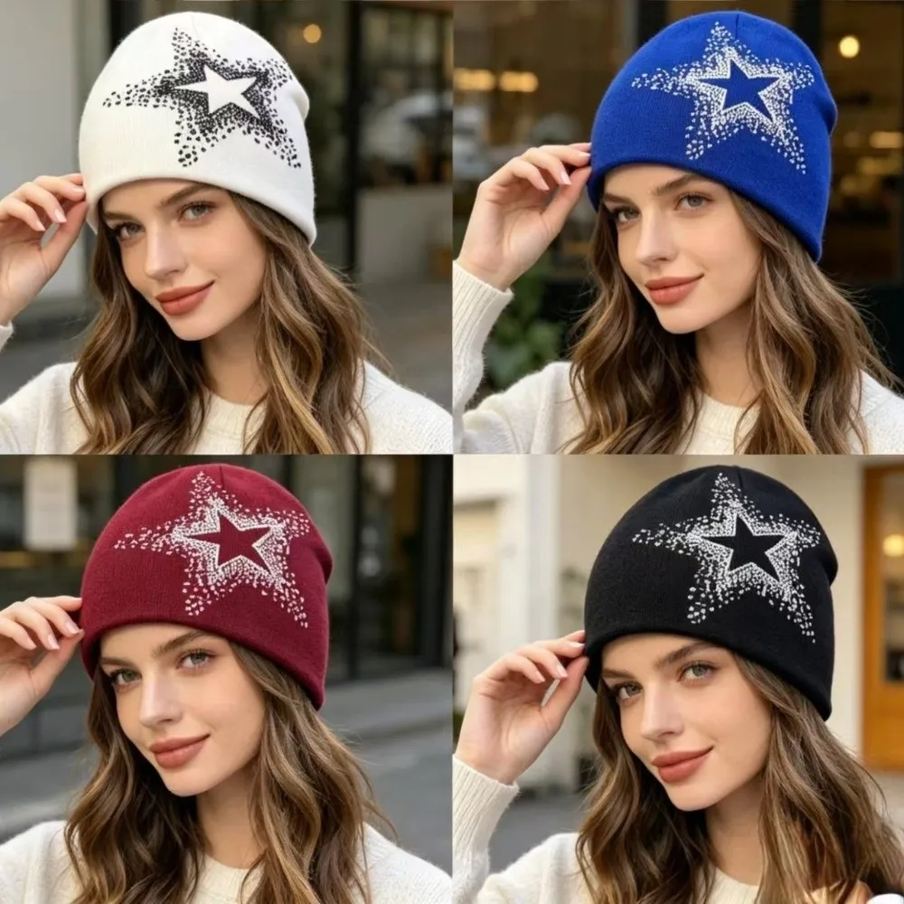 Cool Jacquard Star Knitted Hat Pentagram Cashmere Pullover Cap Cold Cap Elastic Y2k Beanie Hat Outdoor