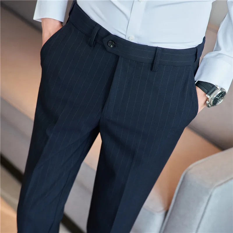 2023 Spring New Fashion Striped Suit Pants Mens Elastic Waist Casual Pants Formal Business Office Social Trouser Plus Size 38 36