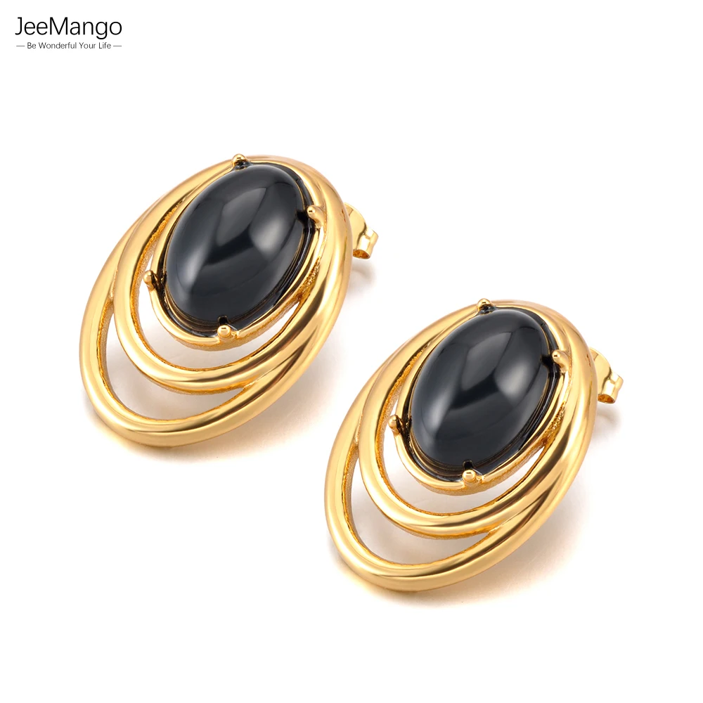 Jeemango Nuovi Orecchini A Perno Con Pietra Nera, Impermeabili, Placcati In Oro, In Acciaio Inossidabile, Per Feste, Da Donna E26069-image