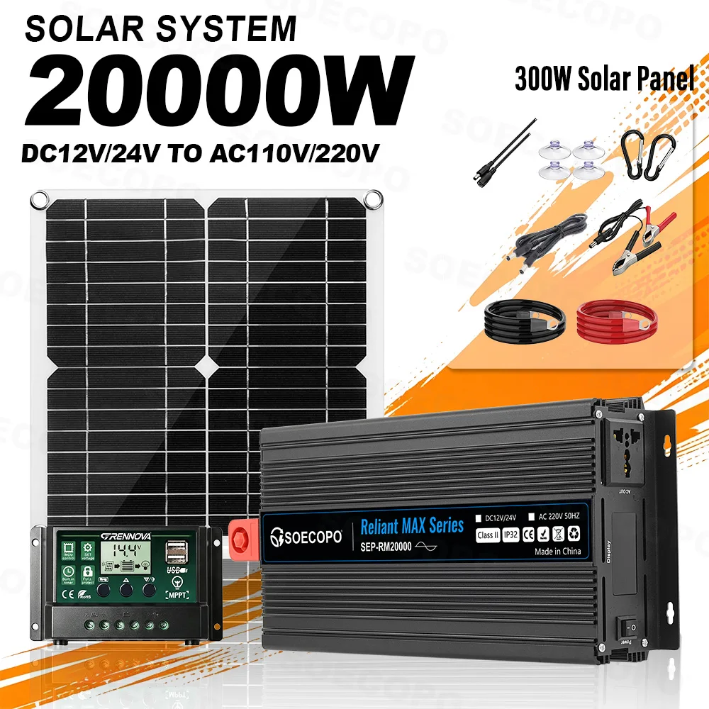 Portable 20000W Solar Power System Kit 300W Panel Inverter Controller DC12V/24V to AC110V/220V Off Grid Camping RV Home Backup