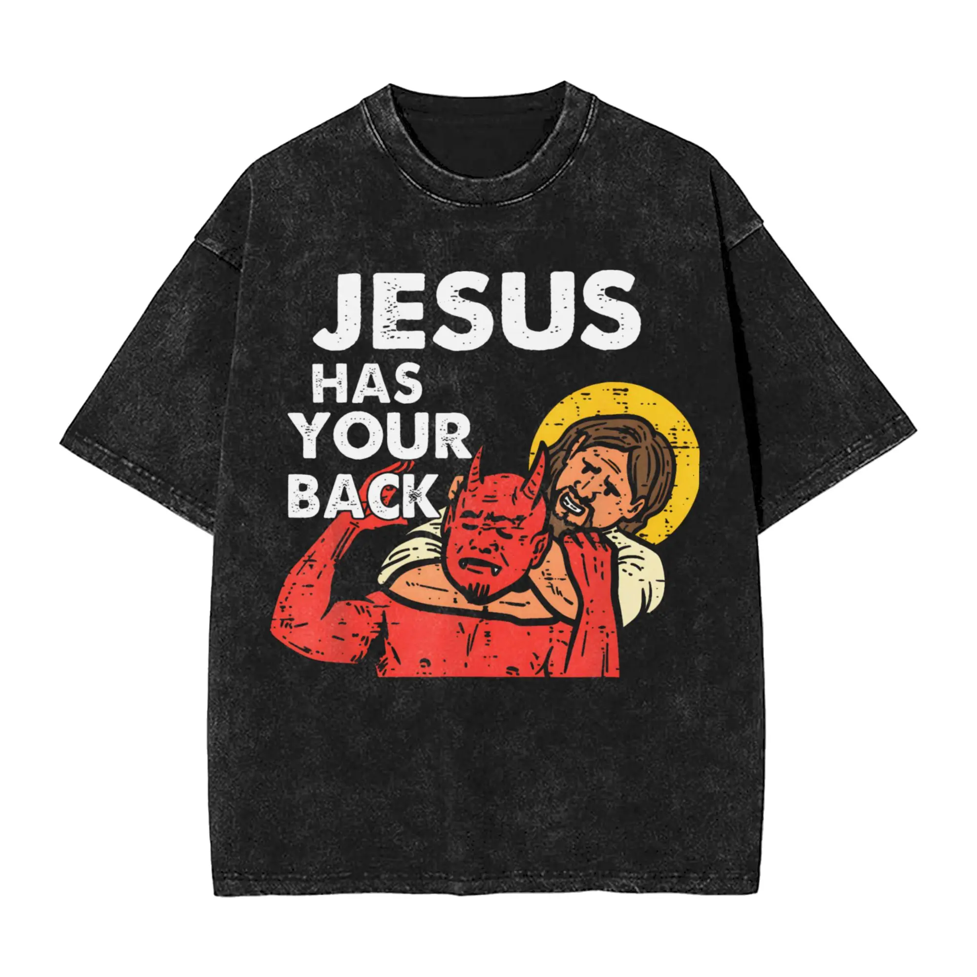 Harajuku Washed Shirts Jesus Has Your Back Jiu Jitsu Outfit Vintage T Shirt High Street Streetwear Short Sleeve Summer Tee Shirt