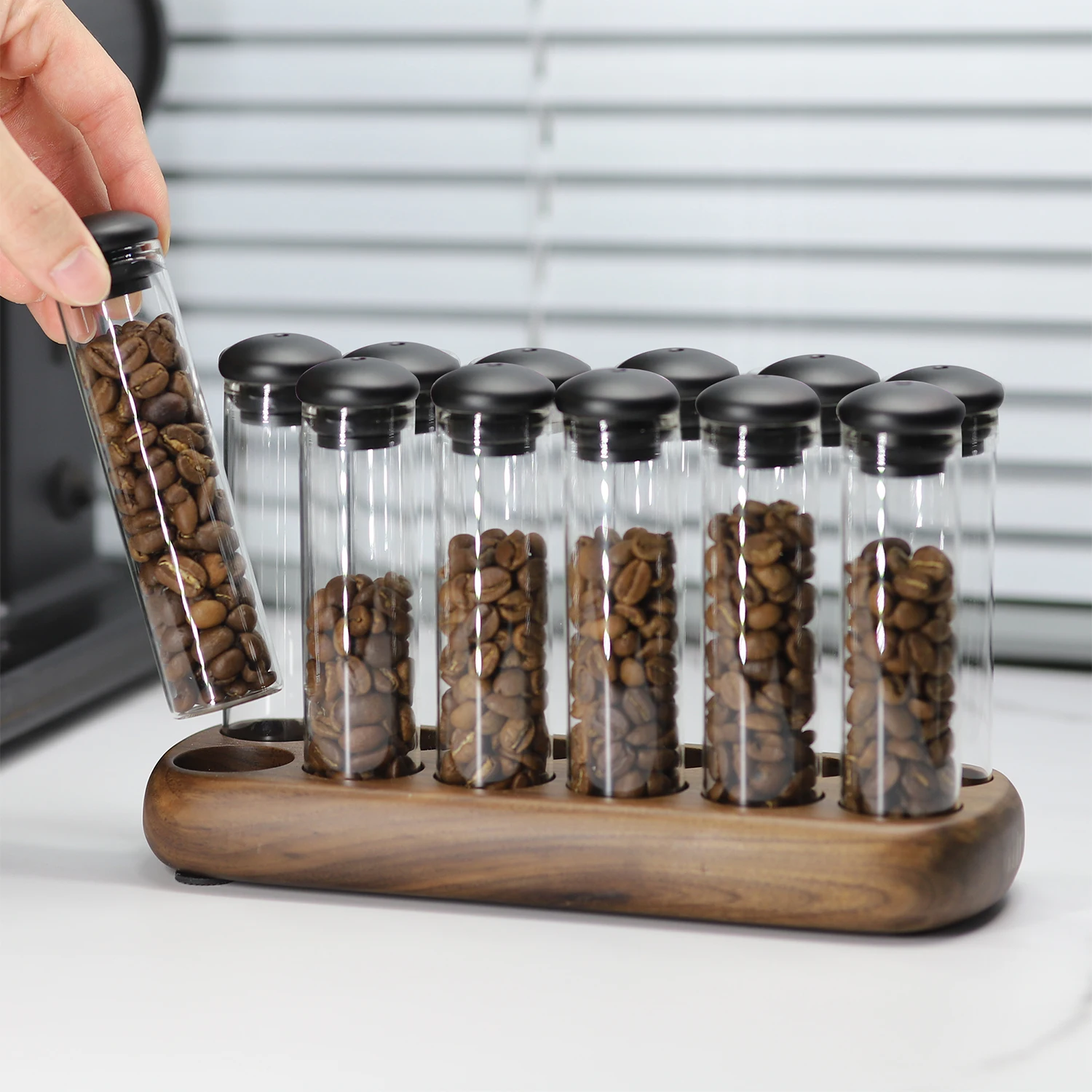 Coffee Beans Tea Display Rack Stand Creative Glass Test Tube Storage with Hopper 6/12 Tubes Glass Bottle Rack with Exhaust Valve