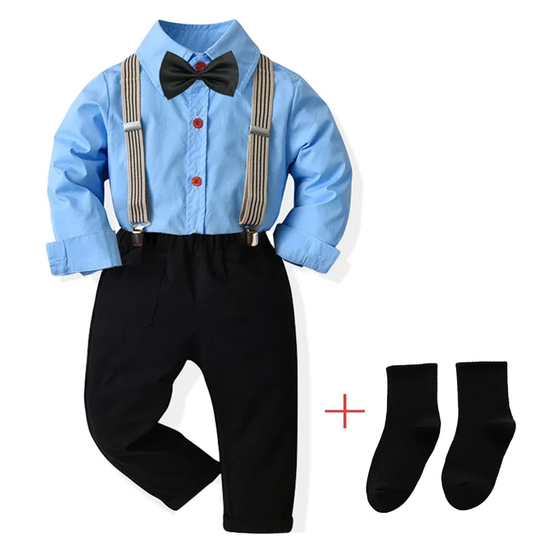 

Baby Boys Clothes Suits Fashion Long Sleeve Tie Shirt Trousers Socks 5Pcs Sets Kids Autumn Boys Gentleman Birthday Party Dress