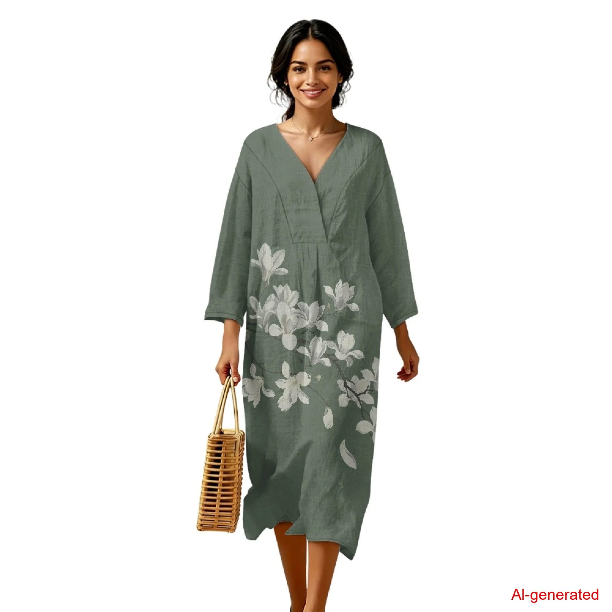 

INSTANTARTS Women's Linen Loose Dress Magnolia Women's Midi Dress Swing Long Sleeve Dress Linen-Like V Neck Womens Tunic S-3XL