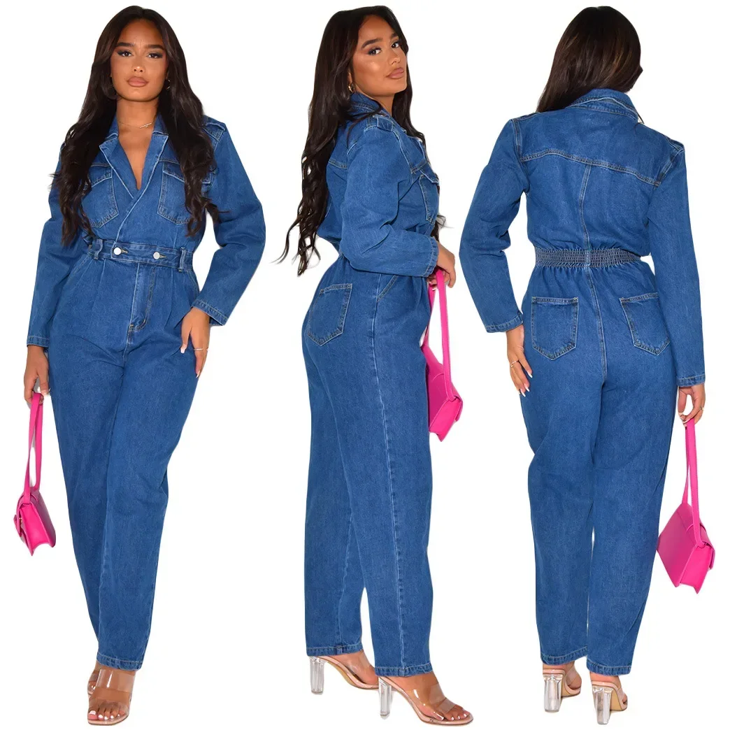 Combinaison femmes Denim salopette Vintage une pièce jean Stretch à manches longues barboteuse décontractée salopette Streetwear femme combinaisons