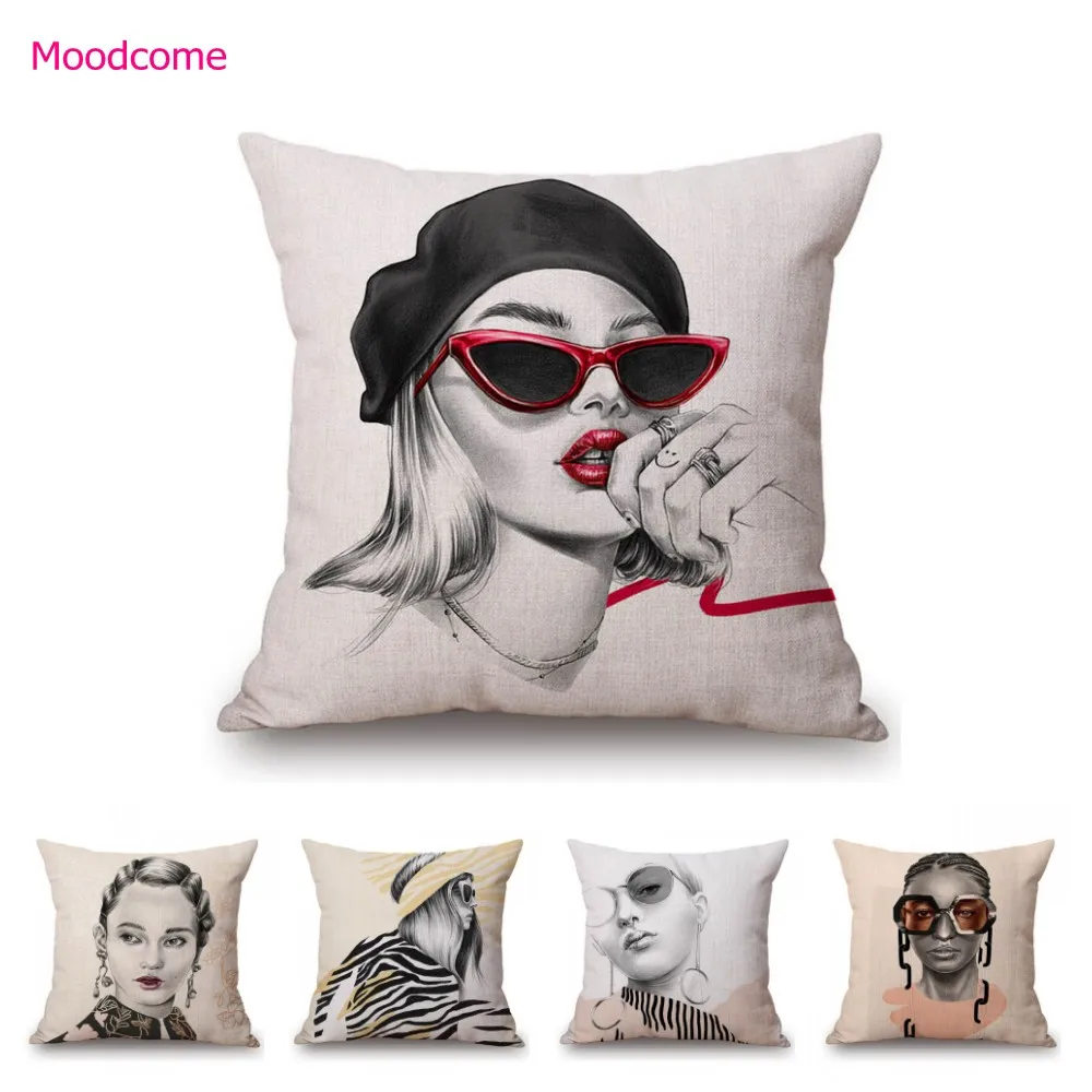 Beautiful Pretty Girl Portrait Sketch Fashion Lady Nordic Home Decorative Sofa Pillow Case Concise Cotton Linen Cushion Cover