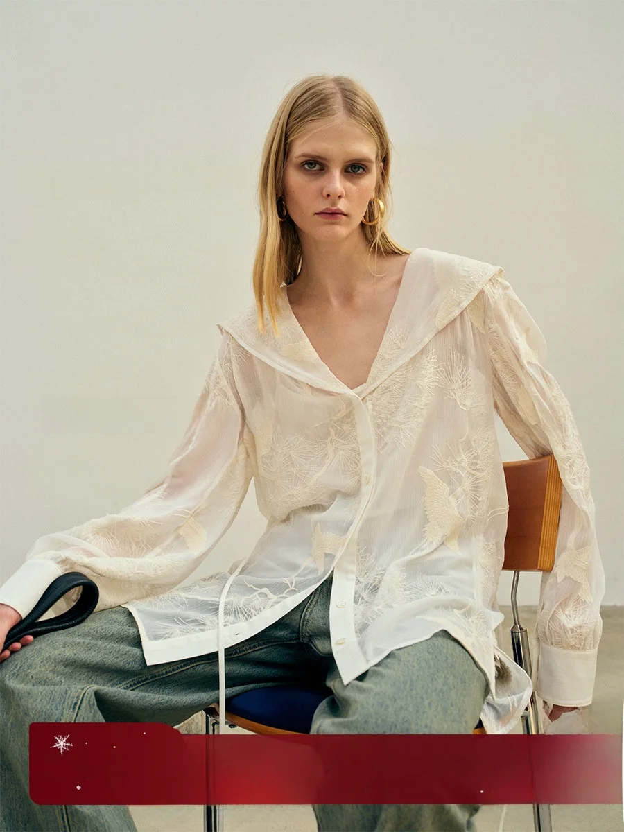 

CHICJANE Handmade Stereo Embroidery Gentle Milk irt Stand Collar Romantic Feelings Wheat Color Women's Long Sve irt