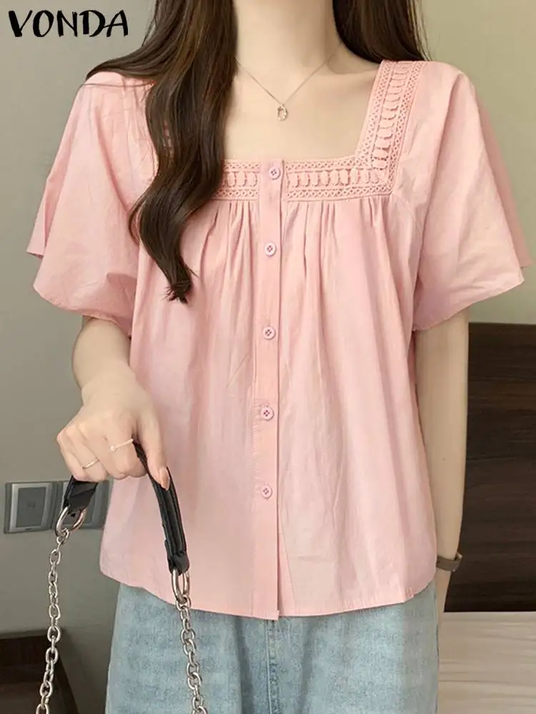 2024 VONDA Women Summer Elegant Blouse Sexy Square Collar Casual Tunic Tops Solid Color Shirts Buttons Short Puff Sleeve Blusas