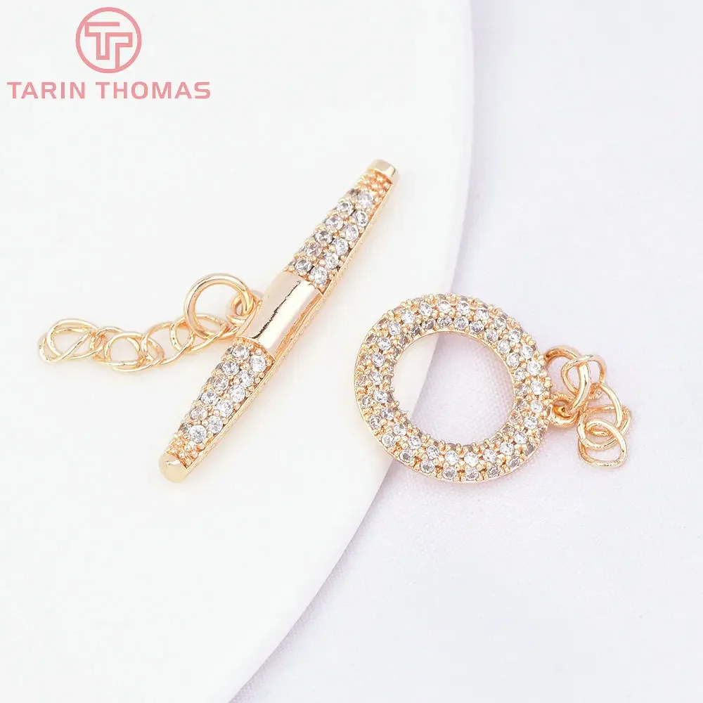 

(6391) 2PCS 14MM 24K Gold Color Brass with Zircon Round Pendants Bracelet O Toggle Clasps High Quality Jewelry Making Findings