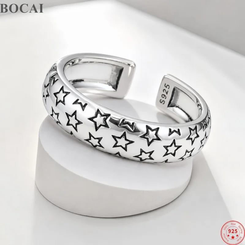 

BOCAI Real S925 Silver Charms Rings for Men Women Hollow Five-pointed Stars Pattern Opening Ring Fine Choice Jewelry Wholesale