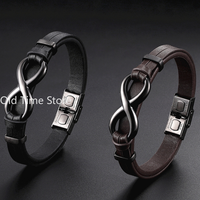 Luxury Genuine Leather Infinity Symbol Mens Bracelet Stainless Steel Buckle Couple Bangles Jewelry Digital 8 Bracelet Gifts