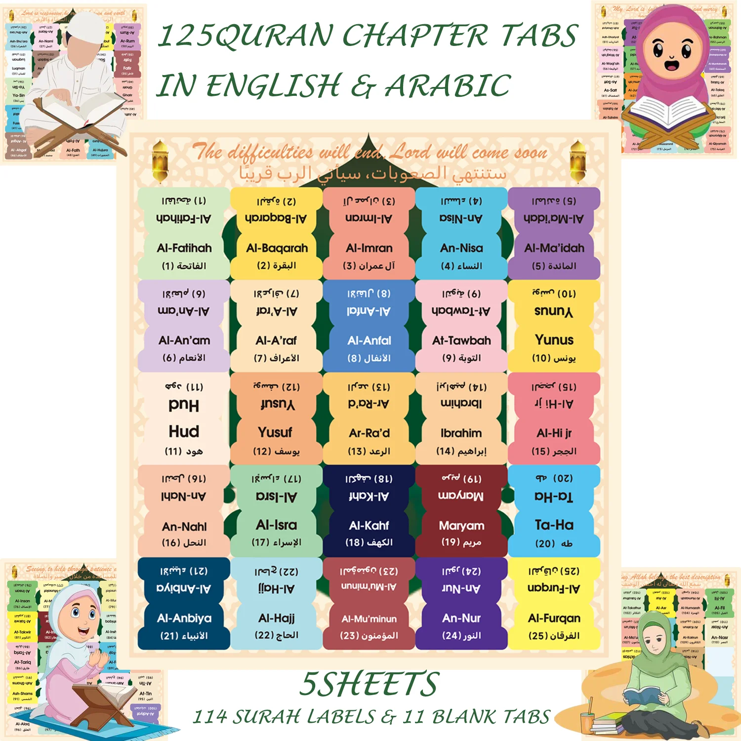 125 Quran Chapter Tabs in English&Arabic-114 Surah Labels&11 Blank Tabs, Colorful Islamic Study Accessories for Quran Journaling