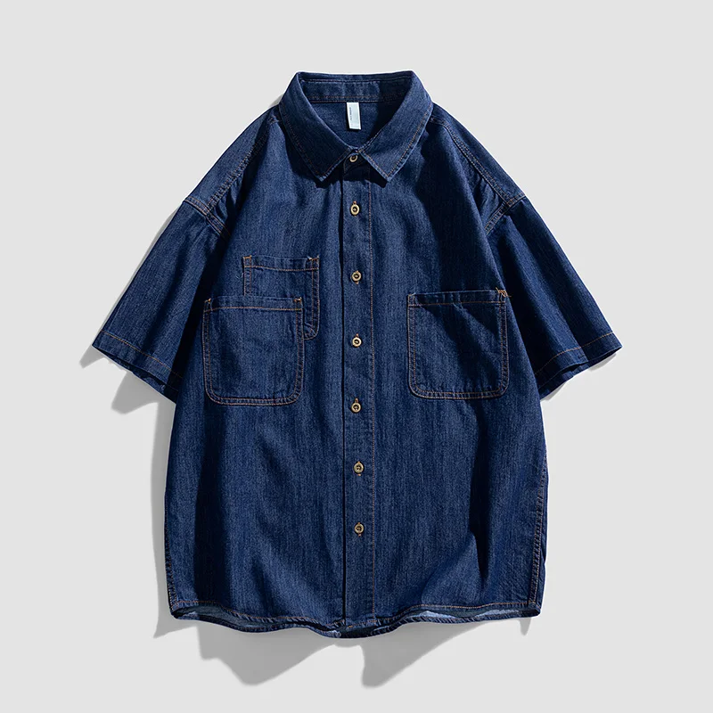 

Men Summer Cottom Denim Short Sleeve Shirt Vintage Solid Pocket Shirt Fashion Design Male Harajuku High Quality Cargo Blouse