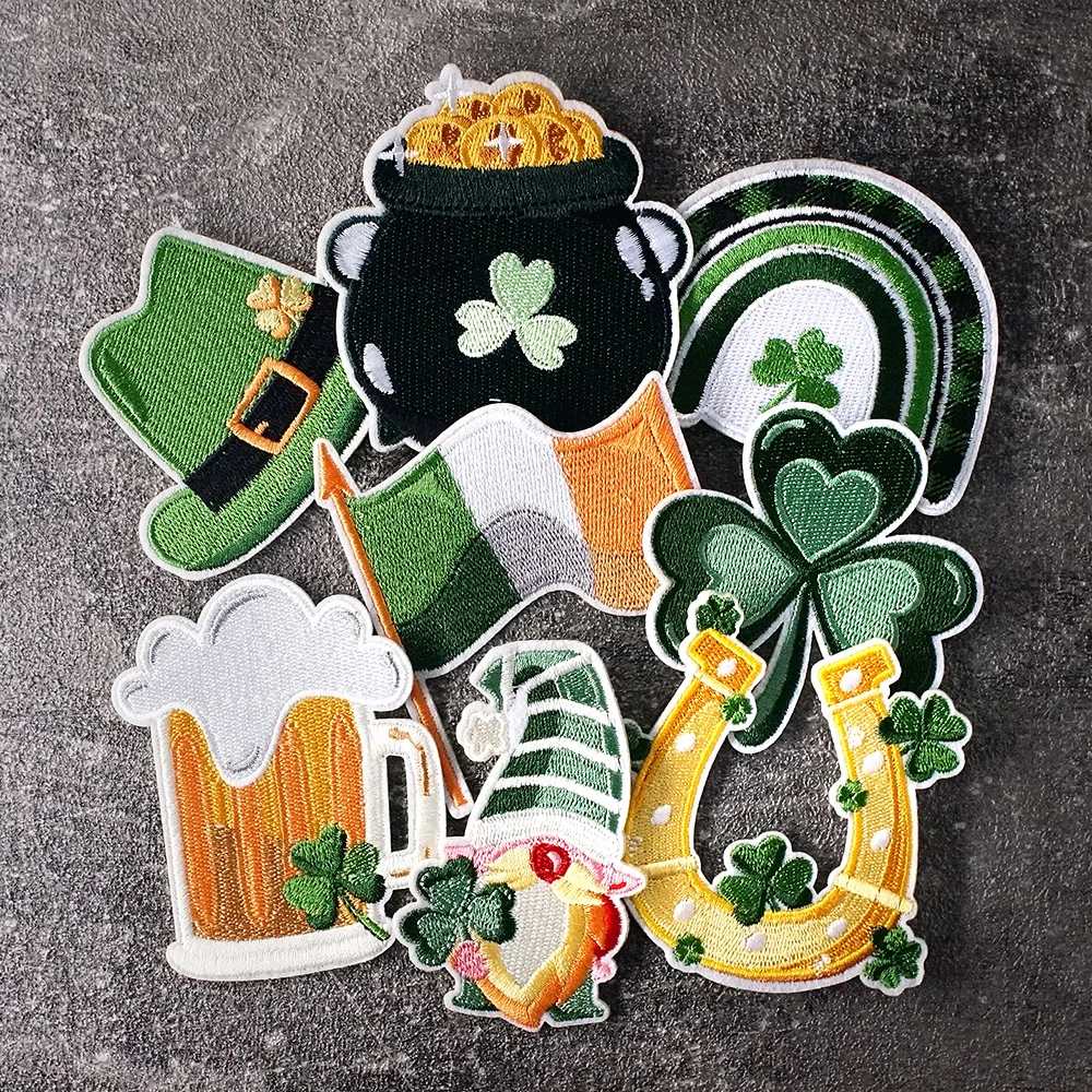 8Pcs/Lot Ireland Beer Hat Flag Leaf Patches Embroidery Applique Ironing Clothing Sewing Supplies Decorative Badges