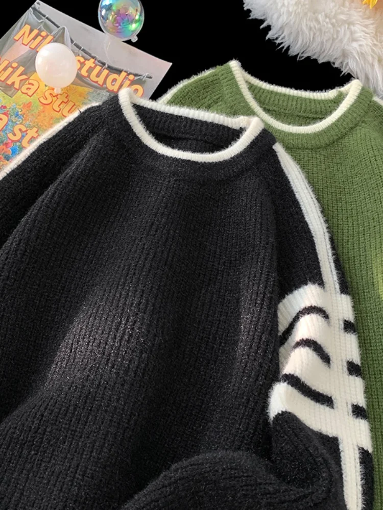 

American Retro Striped Color Blo Knitted Sweater Loose Fit round Ne Autumn Winter Men's Sle Comfortable Soft Long Sv...