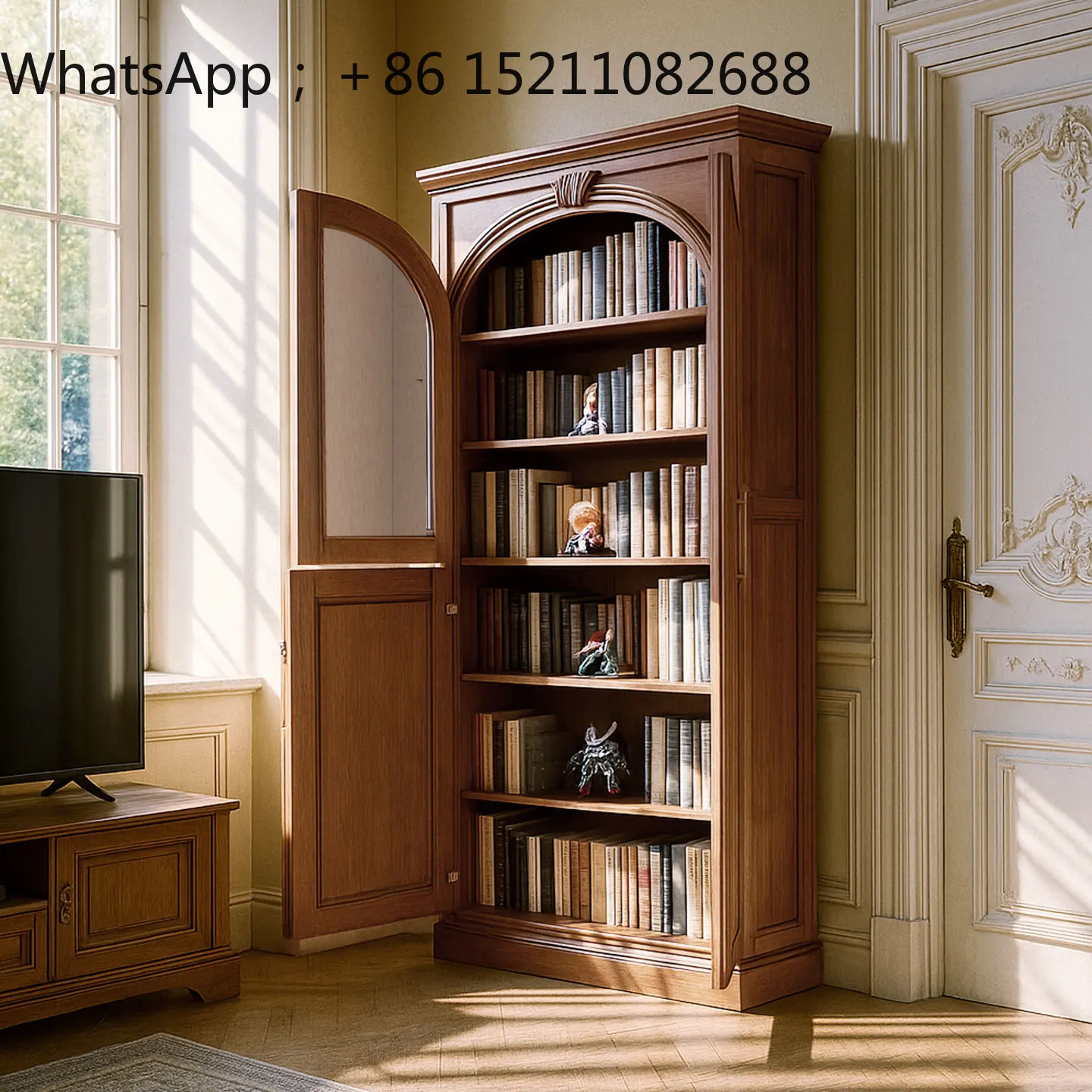 SCY all solid wood bookcase walnut color home living room bookcase retro style wall with glass door display cabinet