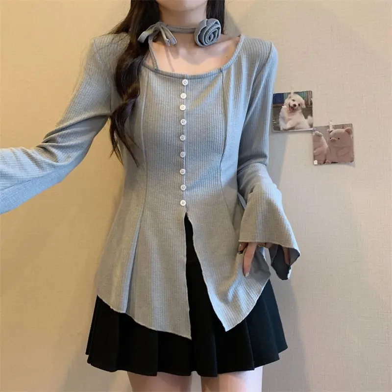 2025 início do outono tamanho grande em torno do pescoço irregular fenda magro topo manga alargada