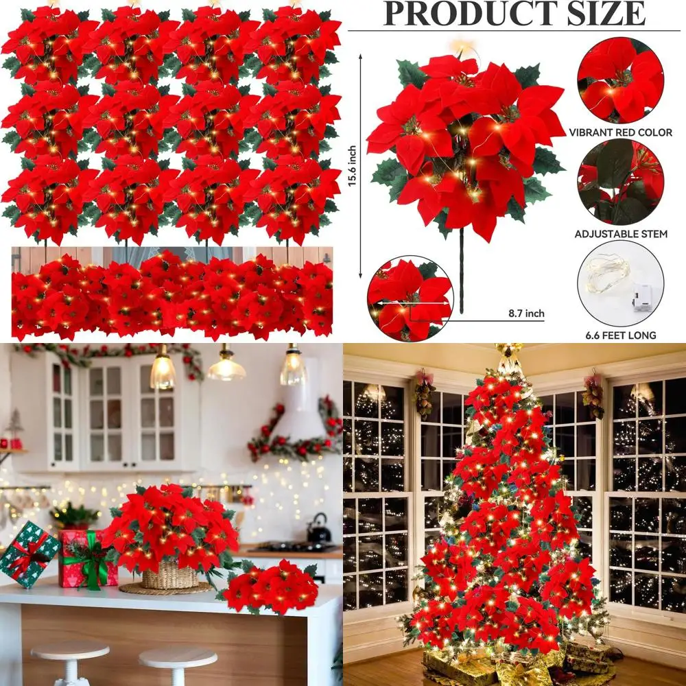 

12 Sets Lighted Christmas Artificial Poinsettia Flowers Decorations Bulk 15.6 Inch Faux Red Stems Velvet Poinsettia Floral for I