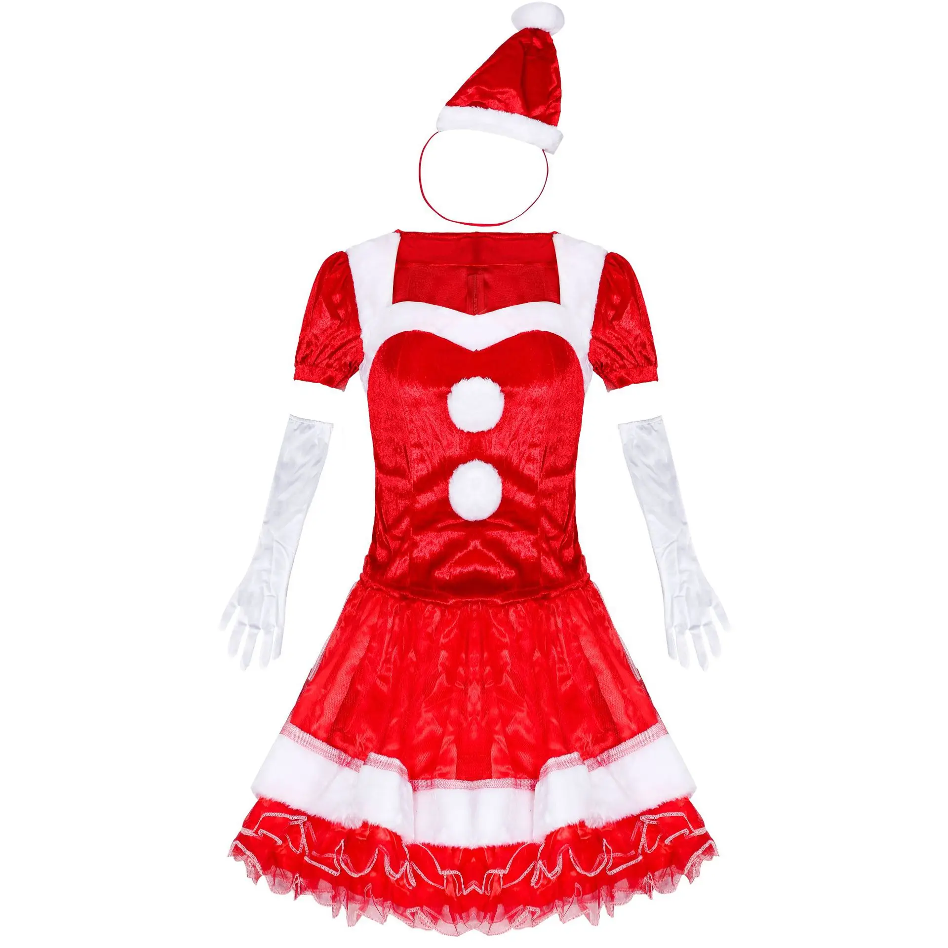 Hot Sale Winter Christmas Santa Claus Cosplay Red Dress Costume Adult with Hat Gloves